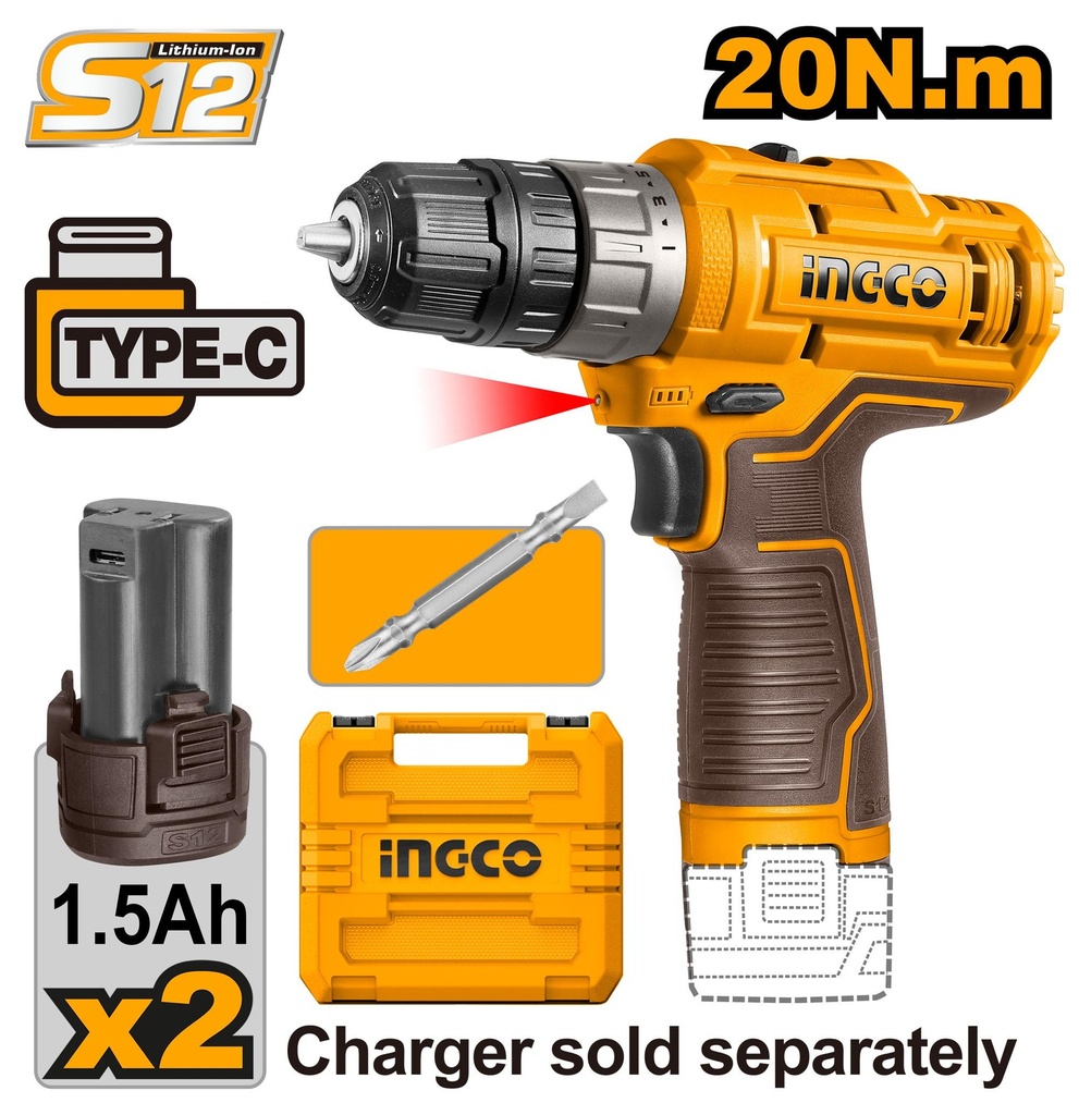 [CDLI12202] INGCO MALETTE VISSEUSE SANS FIL 12V 2 BATTERIES 20NM NR AU MAROC [CDLI12202]
