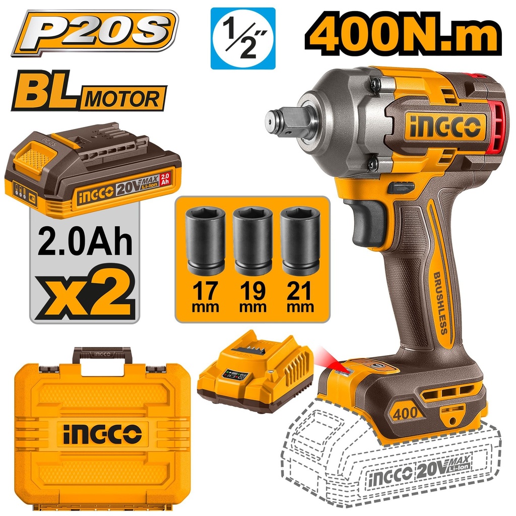 [CIWLI2040] INGCO BOULONNEUSE A CHOC 400NM SANS CHARBON 20V+2BAT 2.0 AU MAROC [CIWLI2040]