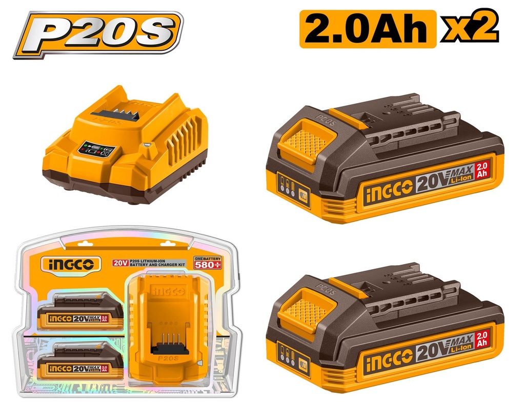 [FBCPK1222] INGCO PACK 2 BATTERIES 20V 2AH + CHARGEUR RAPIDE SI AU MAROC [FBCPK1222]
