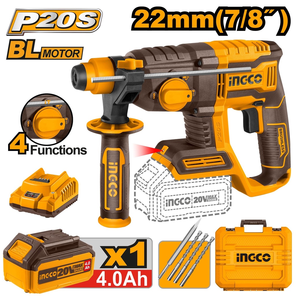 [CRHLI202081] INGCO MARTEAU PERFORATEUR 22MM 20V + 1BATTERIE 4AH AU MAROC [CRHLI202081]
