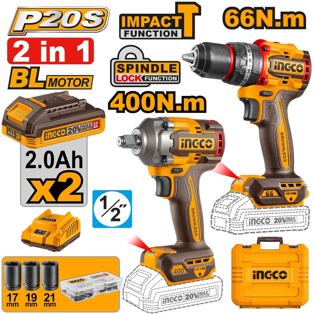 [CKLI20275] INGCO PACK 2 MACHINES VISSEUSE BRUSHLESS 66NM + BOULONNEUSE 20V AU MAROC [CKLI20275]
