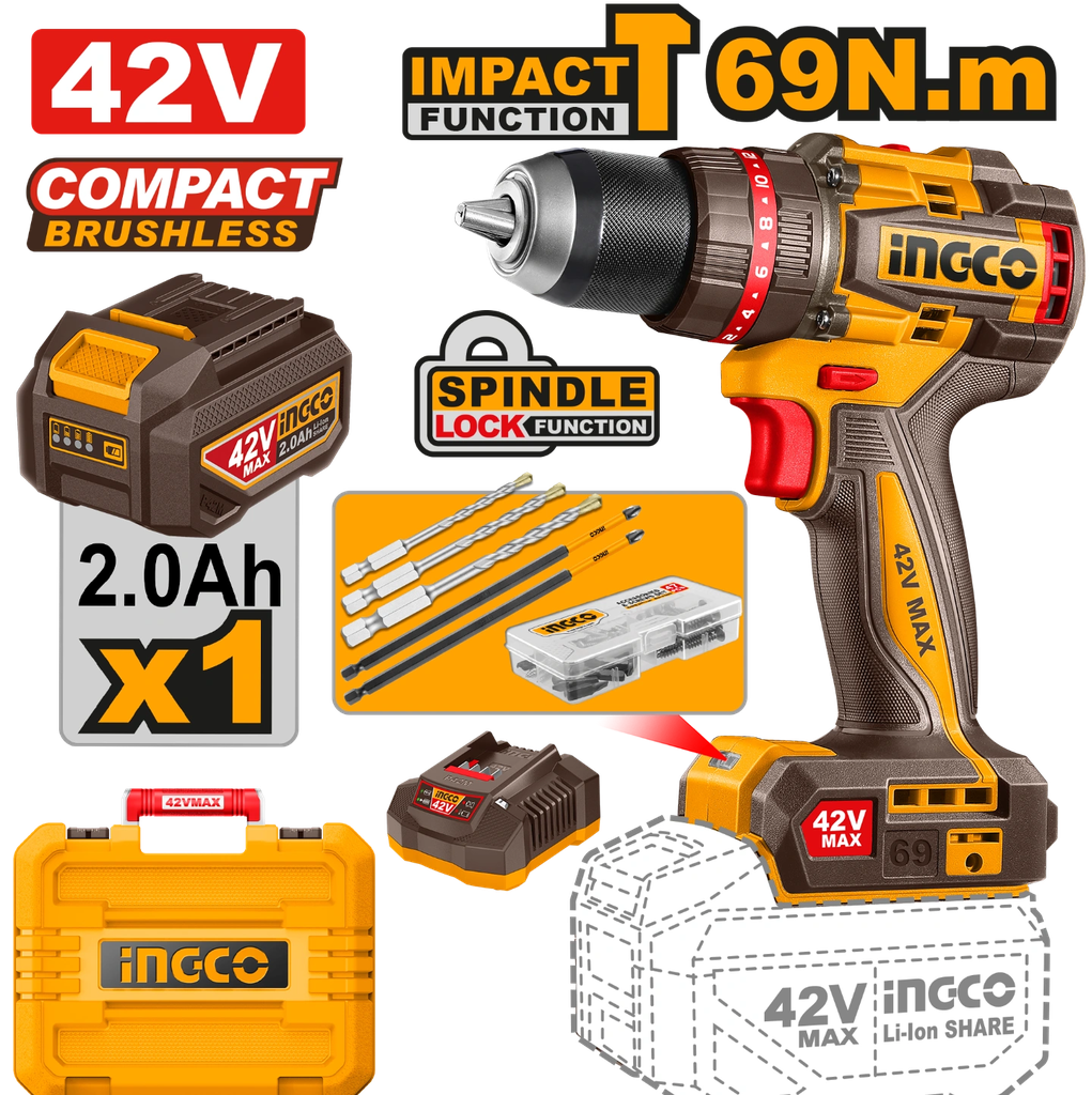 [CIDLI426981] INGCO PERCEUSE À PERCUSSION SANS FIL COMPACT BRUSHLESS 69N.M 42V AVEC 1BATT ET 1 CHARGEUR AU MAROC [CIDLI426981]