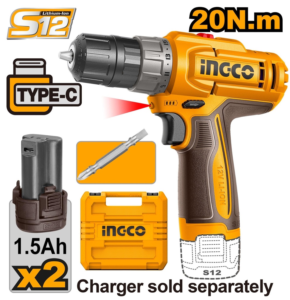 [CDLI12206] INGCO VISSEUSE 12V 20NM 2 BATTERIE 1.5AH INGCO AU MAROC [CDLI12206]