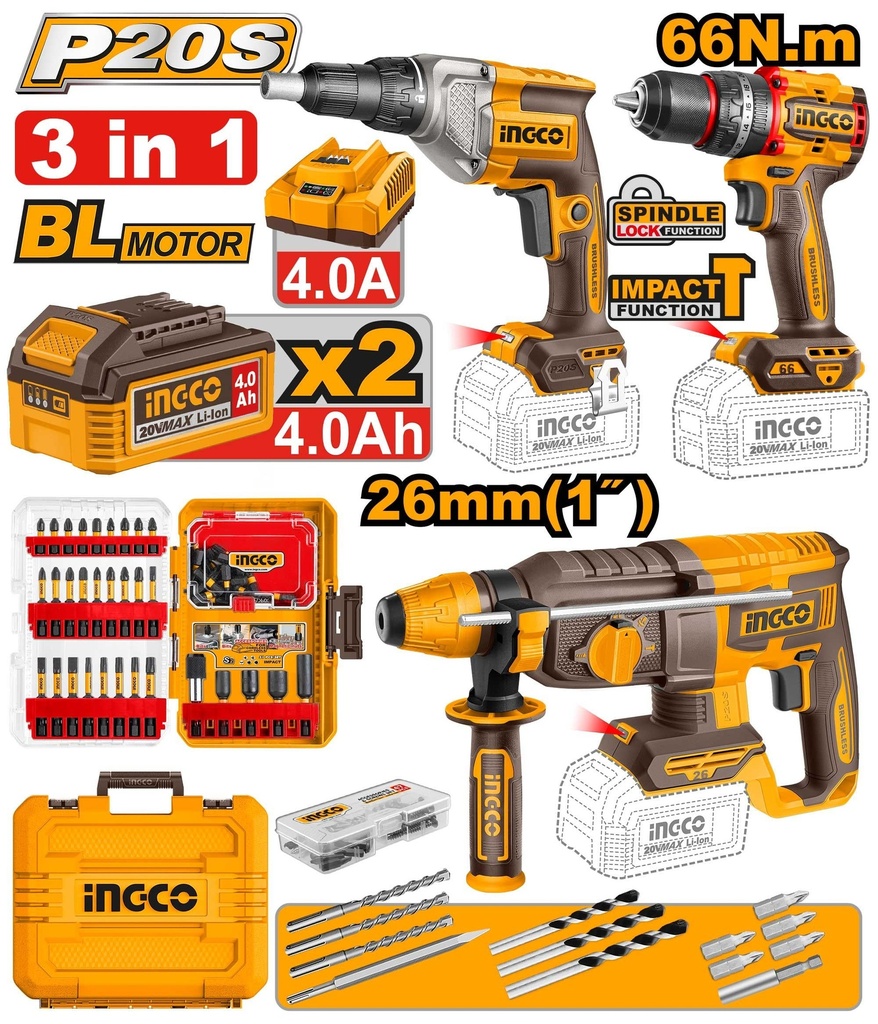 [COSLI250591] INGCO PACK DE 3MACHINES VISSEUSE 66NM +VISSEUSE POUR CLOISONS +MARTEAU 26MM +2BATTERIES 4AH INGCO AU MAROC [COSLI250591]