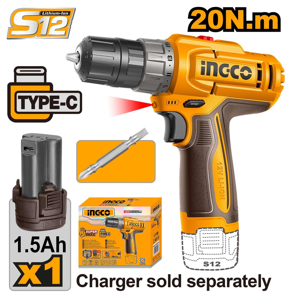 [CDLI122061] INGCO VISSEUSE 12V 20NM +1 BATTERIE 1.5AH  CHARGEUR TYPE-C INGCO AU MAROC [CDLI122061]
