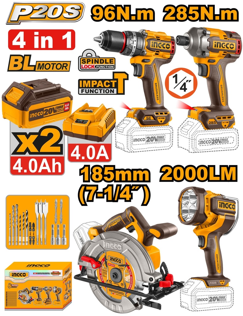 [COSLI241297] INGCO PACK 4 MACHINES VISSEUSE 96NM+BOULONNEUSE 285NM+SCIE CIRCULAIRE 185MM+TORCHE AU MAROC [COSLI241297]
