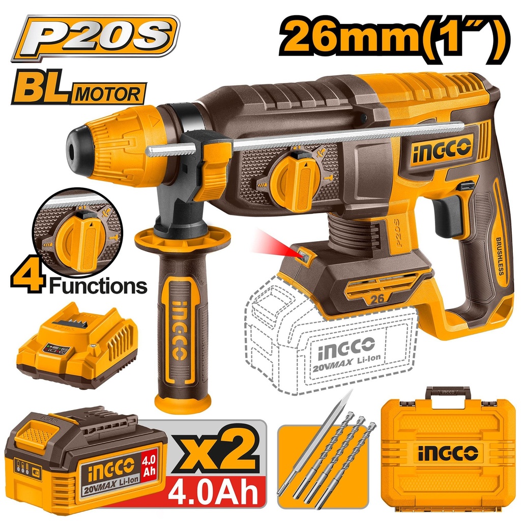 [CRHLI202682] INGCO MARTEAU PERFORATEUR 26MM 20V 2BATTERIES 4.0AH+CHARGEUR INGCO AU MAROC [CRHLI202682]