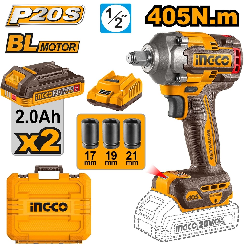 [CIWLI2045] INGCO BOULONNEUSE 20V 405N.M + 2BATT AU MAROC [CIWLI2045]