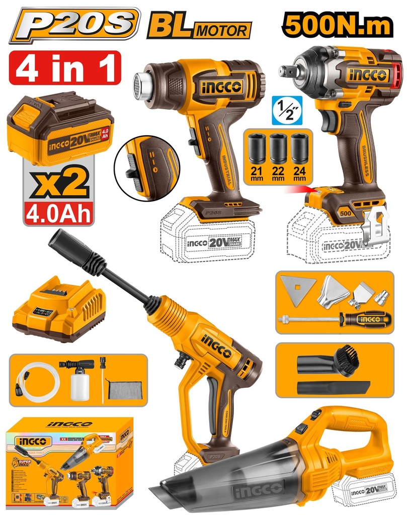 [COSLI250208] INGCO PACK 4 MACHINES DECAPEUR+BOULONNEUSE1/2+NETTOYEUR+ASPIRATEUR  A BATTERIE INGCO AU MAROC [COSLI250208]