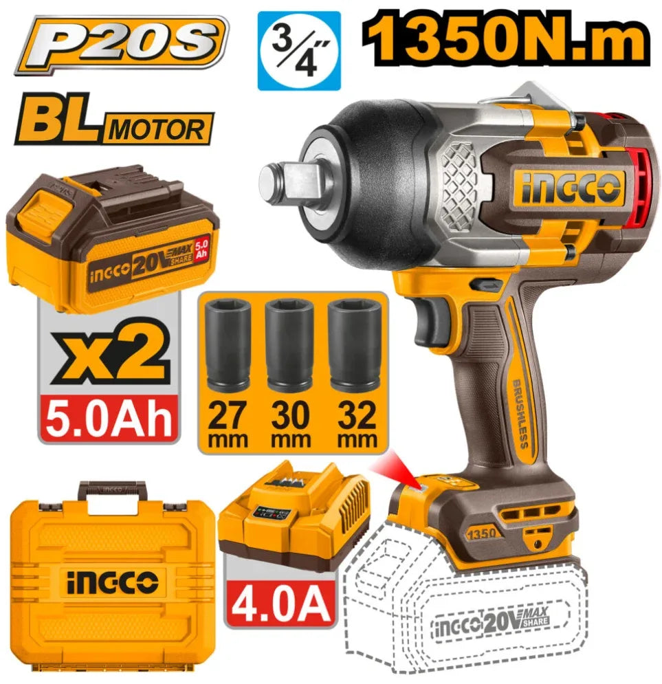[CIWLI20135] INGCO BOULONNEUSE BRUSHLESS 3/4 20V 1350N.M INGCO 5AH AU MAROC [CIWLI20135]