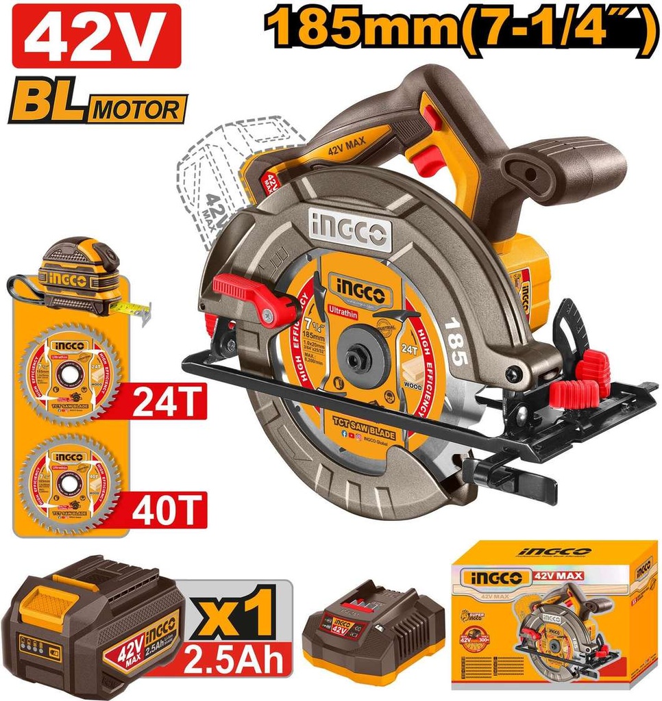 [CSLI4218511] INGCO SCIE CIRCULAIRE SANS FIL 185MM 42V AVEC 1BATT ET 1 CHARGEUR AU MAROC [CSLI4218511]