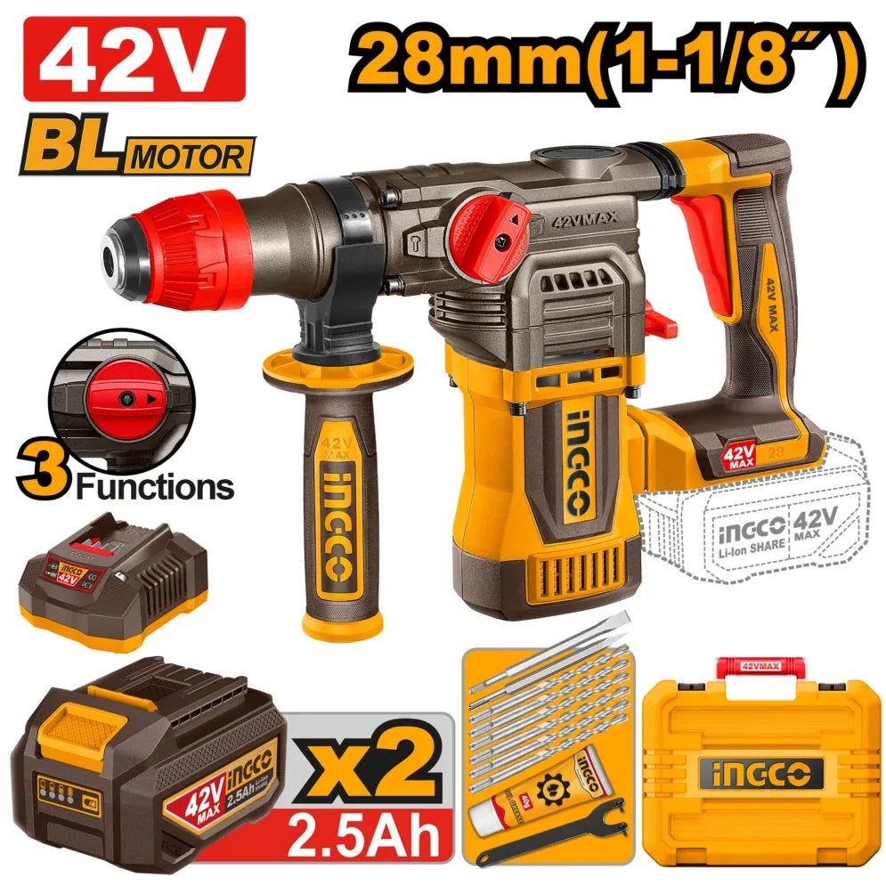 [CRHLI422882] INGCO MARTEAU PERFORATEUR SANS FIL 28MM AVEC 2 BATT 42V 2,5AH AU MAROC [CRHLI422882]