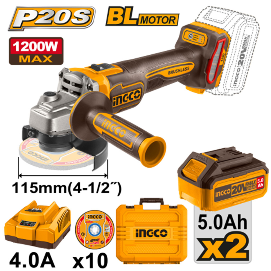 [CAGLI2211532] INGCO MEULEUSE BRUSHLESS 20V 115MM 1200W 2 BATTERIES 5AH+10 DISQUES AU MAROC [CAGLI2211532]