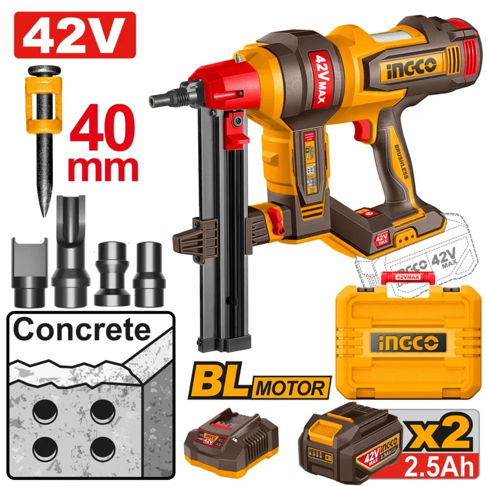 [CCNLI420602] INGCO CLOUEUSE À BÉTON SANS FIL 40MM - 42V - AVEC 2 BATT ET 1 CHARGEUR AU MAROC [CCNLI420602]