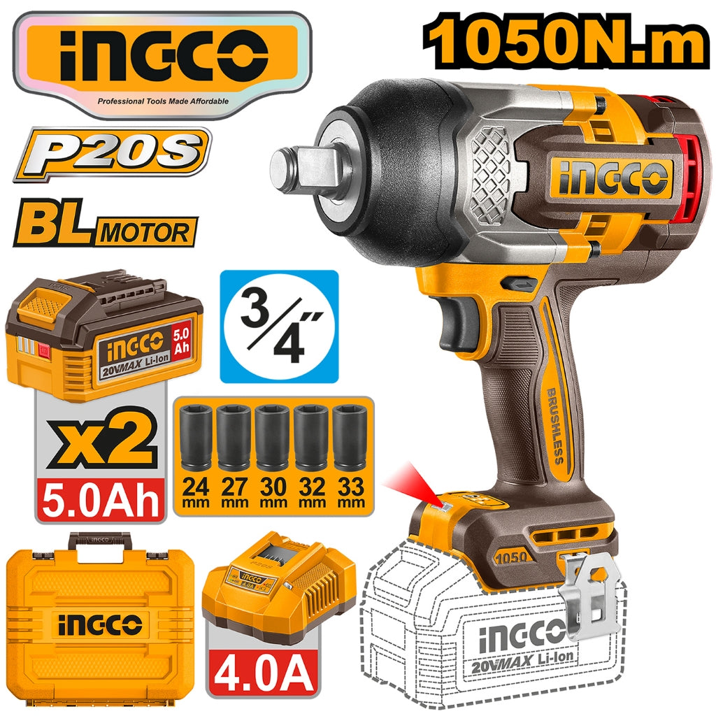 [CIWLI20105] INGCO BOULONNEUSE 20V 1050N.M 2BATT + CHARGEUR AU MAROC [CIWLI20105]