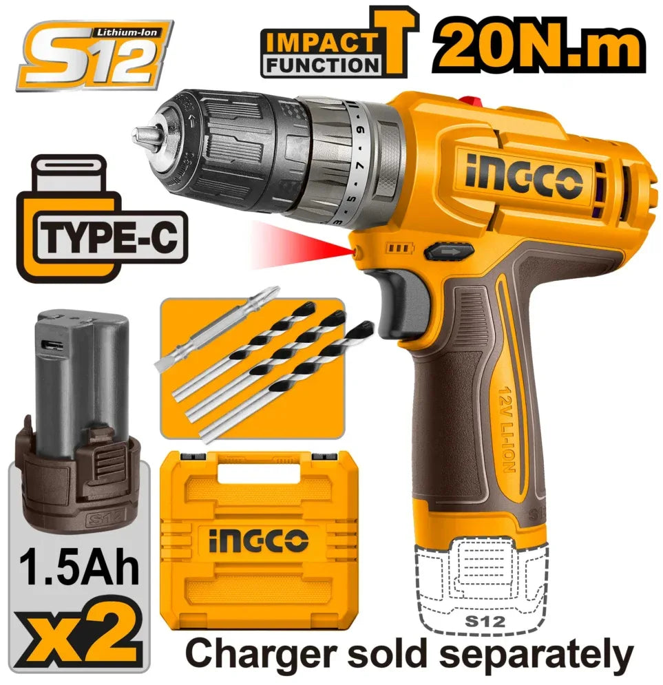 [CIDLI12206] INGCO PERCEUSE VISSEUSE A PERCUSSION 12V 20NM +2 BATTERIES 1.5AH INGCO AU MAROC [CIDLI12206]