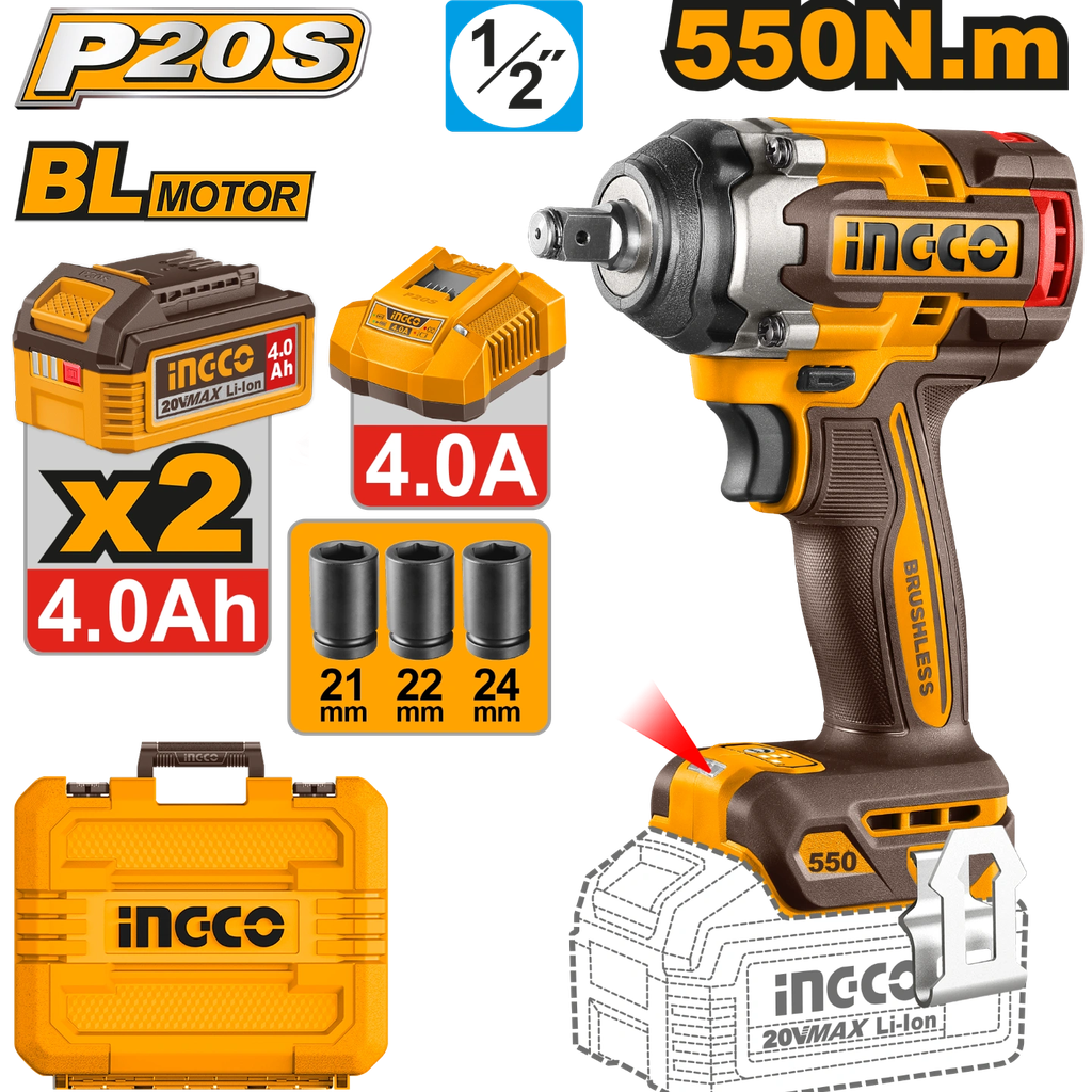 [CIWLI2055] INGCO BOULONNEUSE 20V - 550N.M - AVEC 2 BATT 4,0AH ET 1 CHARGEUR AU MAROC [CIWLI2055]