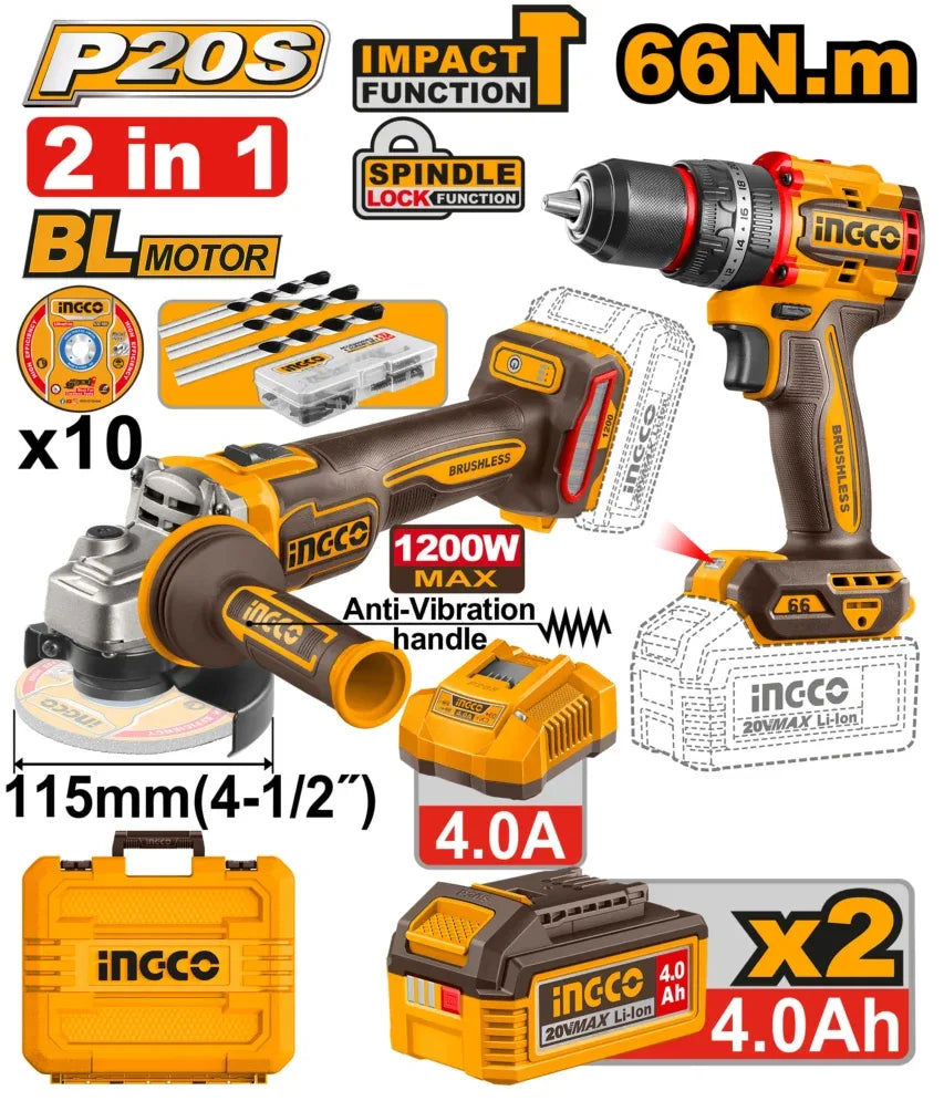 [CKLI20256] INGCO PACK 2 MACHINES VISSEUSE 66NM+MEULEUSE 1200W INGCO AU MAROC [CKLI20256]