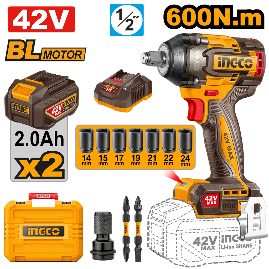 [CIWLI42602] INGCO BOULONNEUSE 600N.M 42V AVEC 2BATT ET 1 CHARGEUR AU MAROC [CIWLI42602]