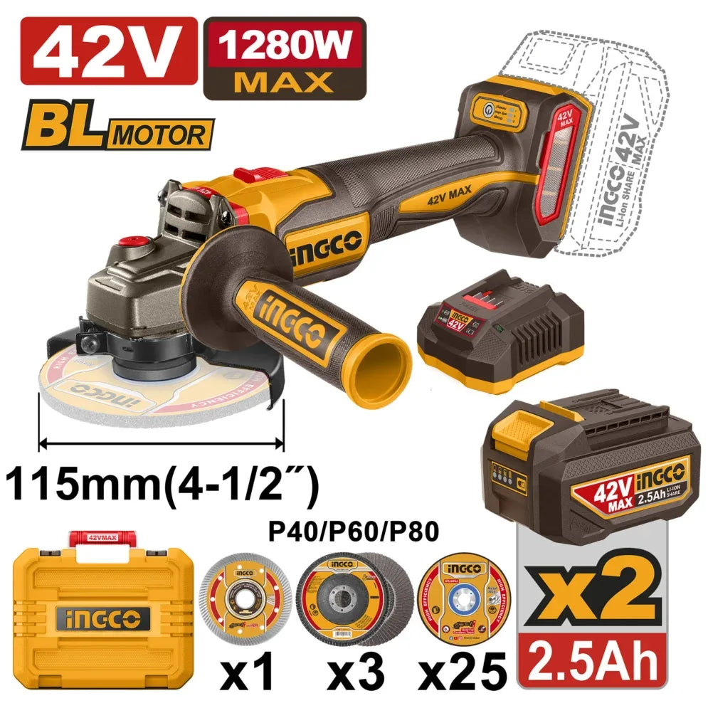 [CAGLI4128112] INGCO MEULEUSE D'ANGLE SANS FIL 115MM 42V 1280W AVEC 2 BATTERIES ET CHARGEUR AU MAROC [CAGLI4128112]