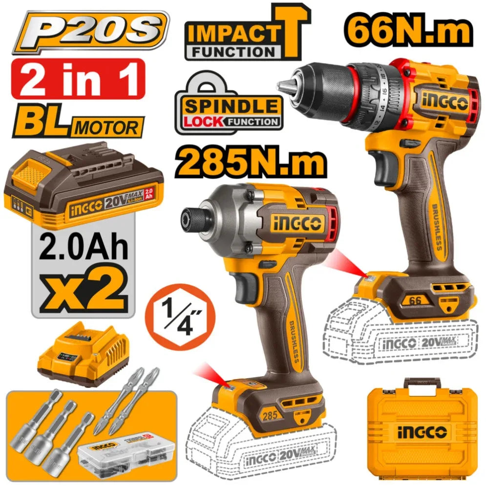 [CKLI20277] INGCO PACK 2 MACHINE VISSEUSE/PERC BRUSHLESS 66NM+CLE A CHOC 20V INGCO AU MAROC [CKLI20277]