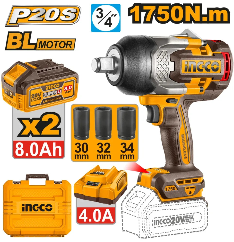[CIWLI20175] INGCO BOULONNEUSE A BATTERIE 20V 3/4 2BATTERIE 4.0AH +1CHARGEUR INGCO AU MAROC [CIWLI20175]