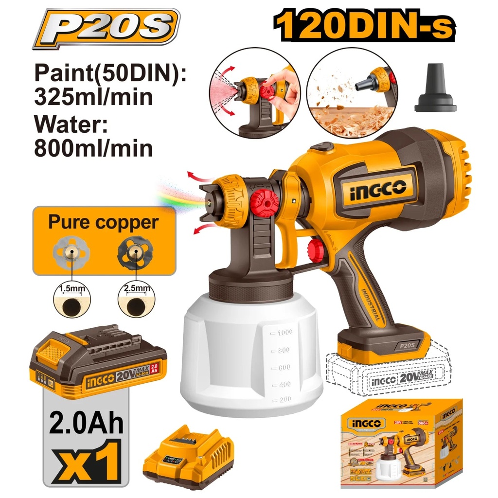 [CSGLI20042] INGCO PISTOLET A PEINTURE 20V 800ML/MIN 1BATTERIE 2.0AH +CHARGEUR INGCO AU MAROC [CSGLI20042]