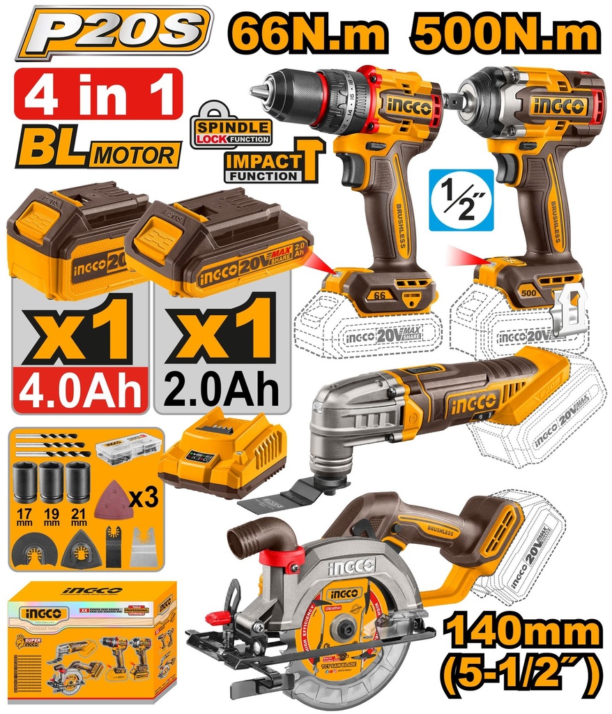 [COSLI241169] INGCO PACK DE 4 MACHINES PERCEUSE+SCIE CIRCULAIRE+BOULONNEUSE+MULTIFONCTION AU MAROC [COSLI241169]