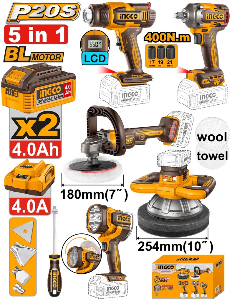 [COSLI250592] INGCO PACK COMBO POLISSAGE 180MM/254MM + DECAPEUR + BOULONNEUSE 20V AU MAROC [COSLI250592]