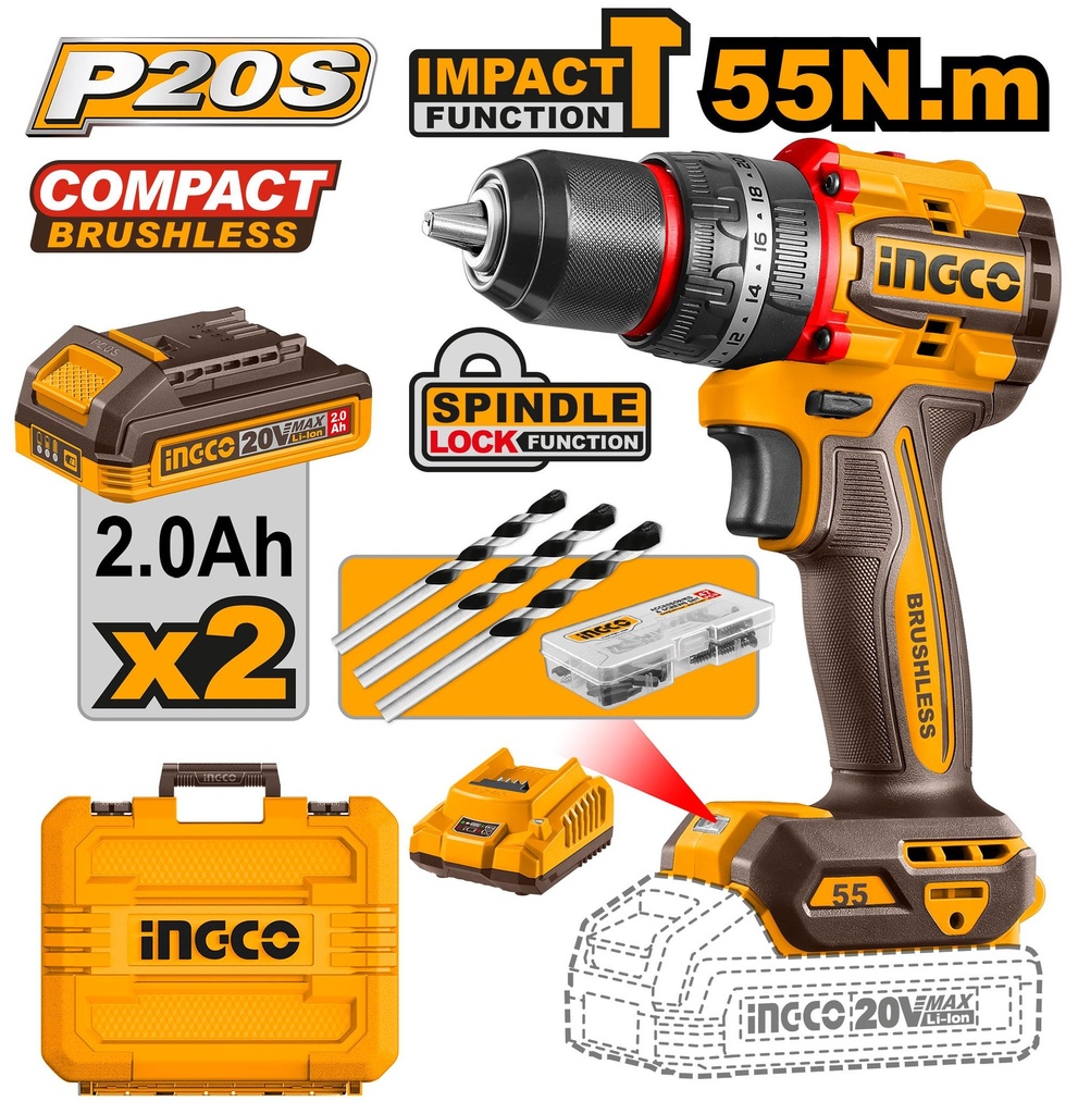 [CIDLI20558] Perceuse-Visseuse Brushless INGCO 20V 55Nm | 2 Batteries + 47 Acc | CIDLI20558