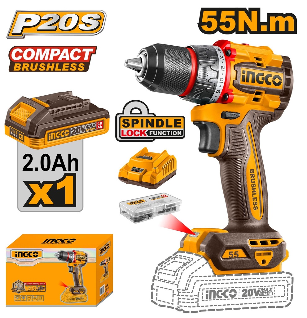 [CDLI205582] INGCO VISSEUSE BRUSHLESS 20V 1bat 55NM AU MAROC [CDLI205582]