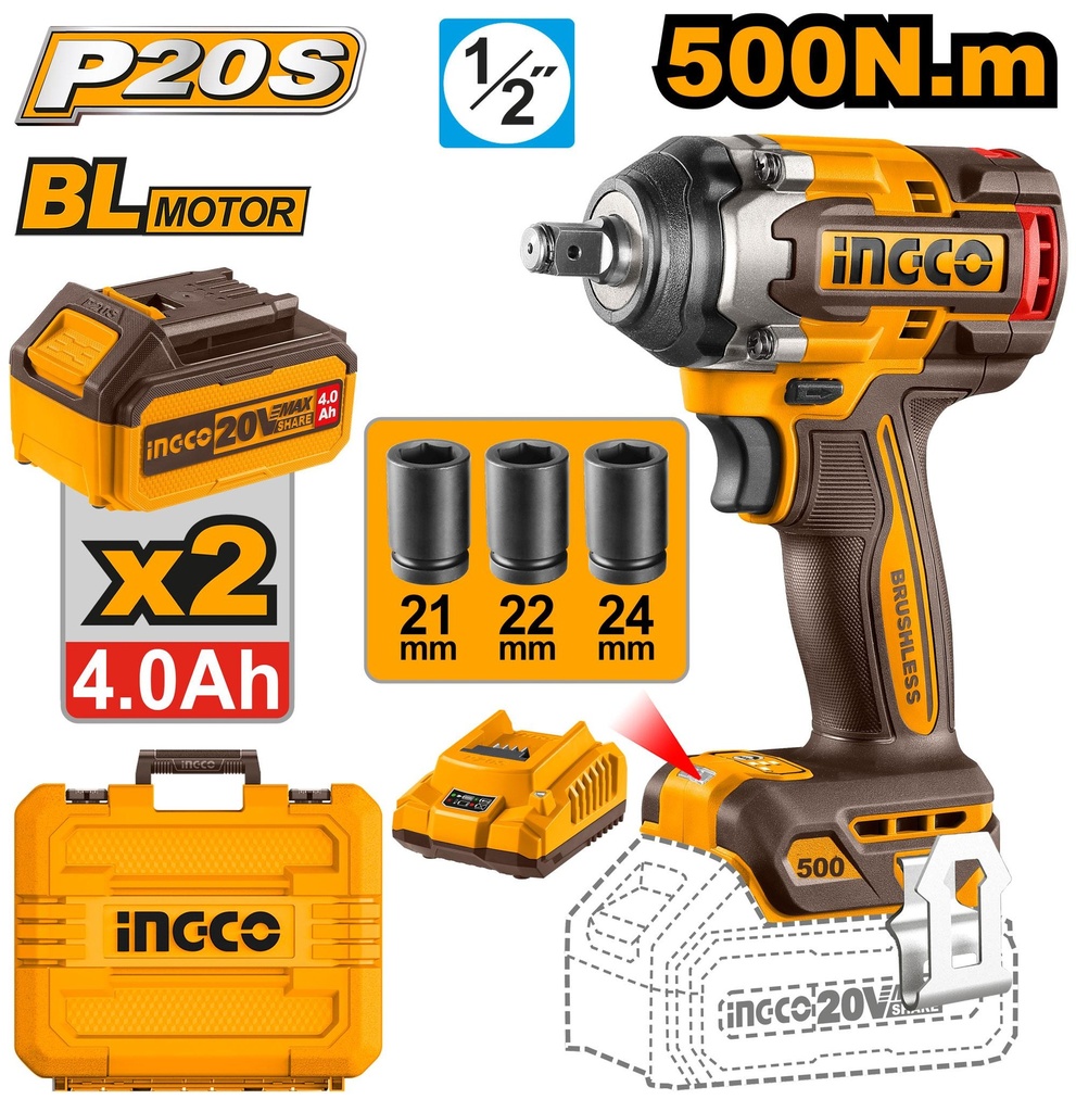 [CIWLI2050] INGCO BOULONNEUSE A CHOC 500NM SANS CHARBON 20V+2BAT SI AU MAROC [CIWLI2050]