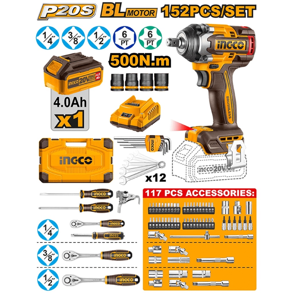 [HKTHP31521] INGCO COFFRET CLÉ À CHOCS 500NM 20V+152 PIECES AU MAROC [HKTHP11651]