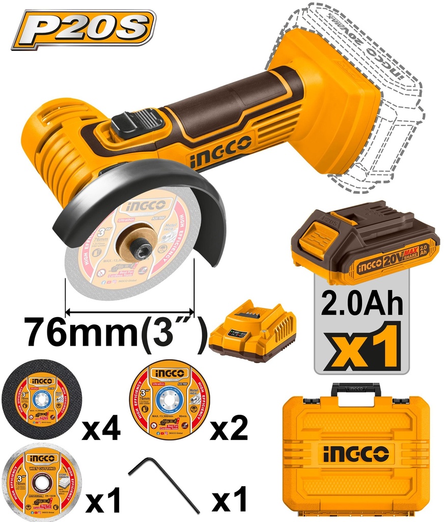 [CAGLI76012] INGCO MALETTE MINI MEULEUSE 76MM 20V 1BATT 7 DISCS INGCO AU MAROC [CAGLI76012]