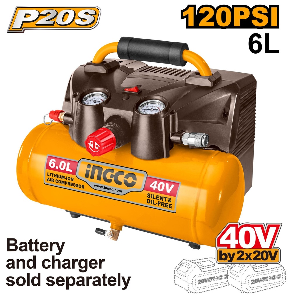 [CACLI2003] INGCO COMPRESSEUR SANS FIL BATTERIE 6L BATTERIE ET CHARGEUR NON INCLUS AU MAROC [CACLI2003]