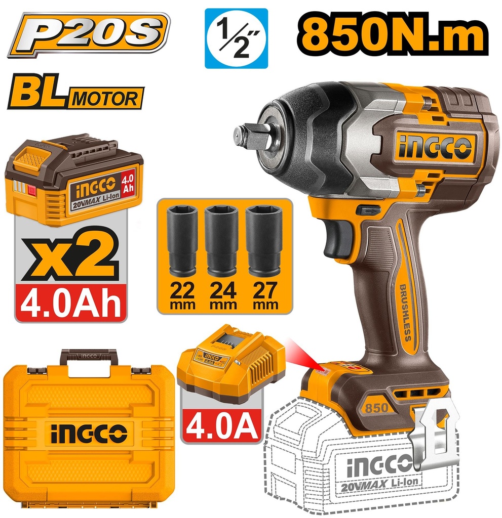 [CIWLI2085] INGCO BOULONNEUSE A CHOC 850NM BRUSHLESS 20V+2BAT AU MAROC [CIWLI2085]
