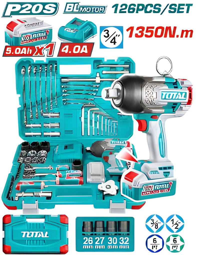 [THKTHP31262] TOTAL COFFRET 126 PIÈCES AVEC CLÉ À CHOCS SANS FIL AU MAROC [THKTHP31262]