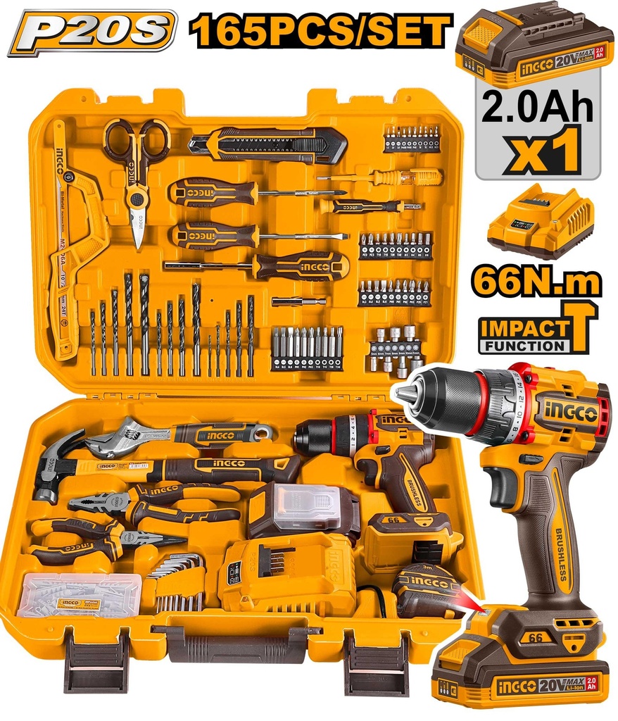 [HKTHP11651] INGCO COFFRET PERCEUSE 20V+165 PIECES AU MAROC [HKTHP11651]