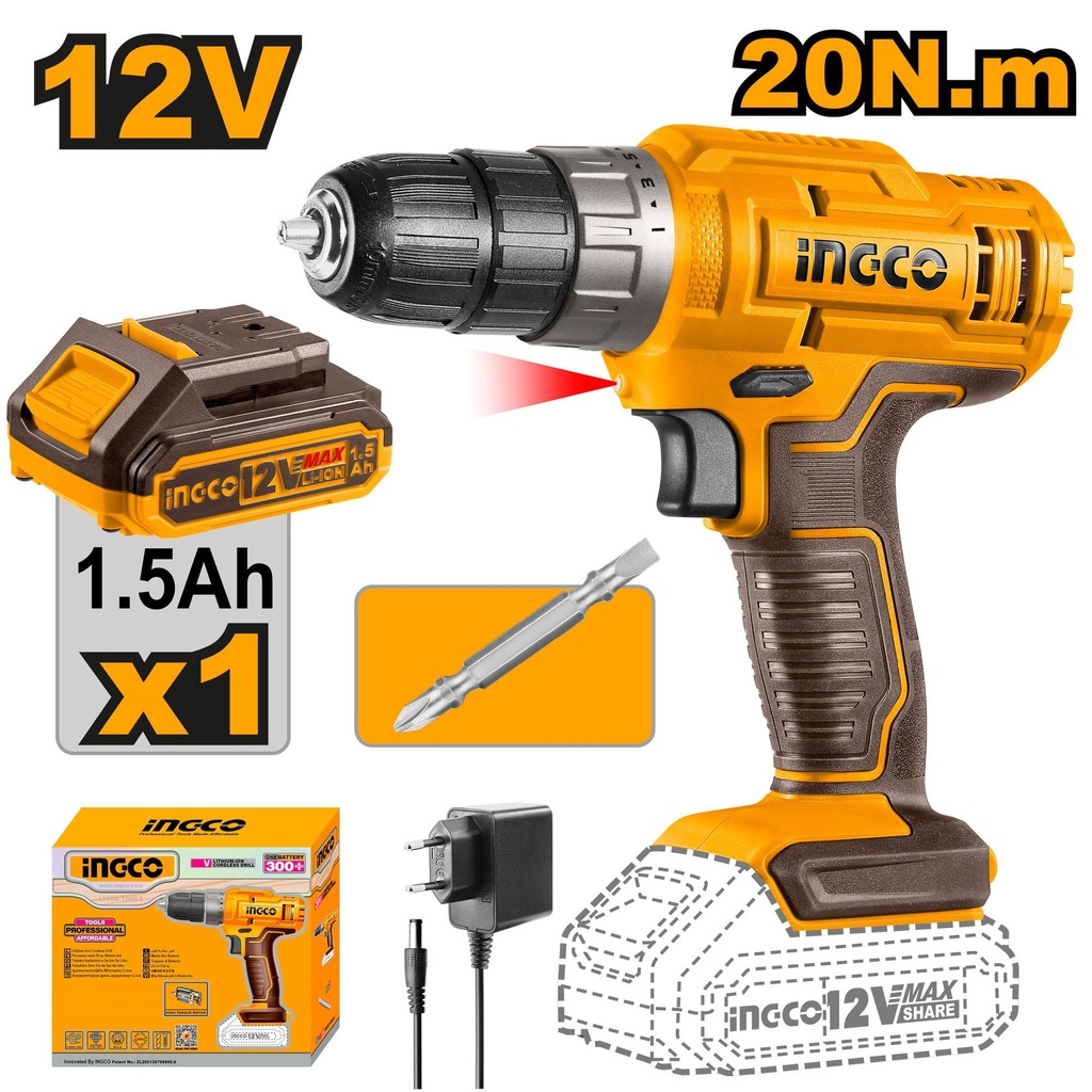 [CDLI1218] Perceuse sans fil Lithium-ion 12V avec 1 batterie 12V 1,5 Ah CDLI1218 ING-CT AU MAROC