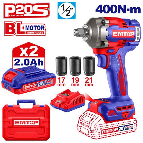 [ECIWL2040] Clé à chocs 1/2" sans fil 400 Nm + 2 batteries 2.0 Ah EMTOP | ECIWL2040