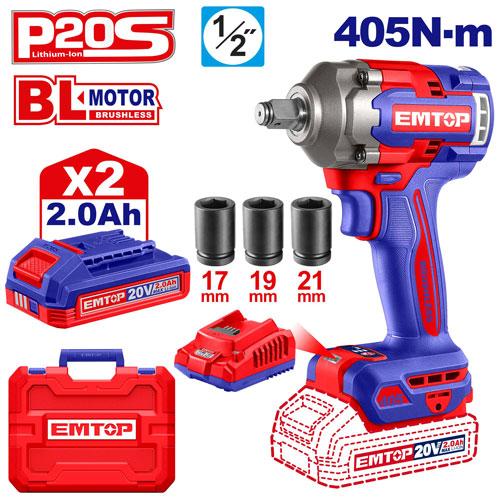 [ECIWL2045] Clé à chocs 1/2" sans fil 405 Nm + 2 batteries 2.0 Ah EMTOP | ECIWL2045