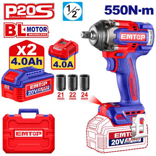 [ECIWL2055] Clé à chocs 1/2" sans fil 550 Nm + 2 batteries 4.0 Ah EMTOP | ECIWL2055