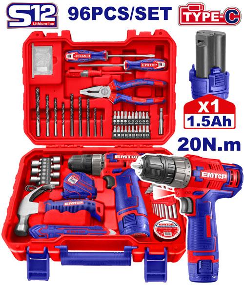 [EEDK09601] Coffret visseuse 12 V avec 96 outils & accessoires EMTOP | EEDK09601