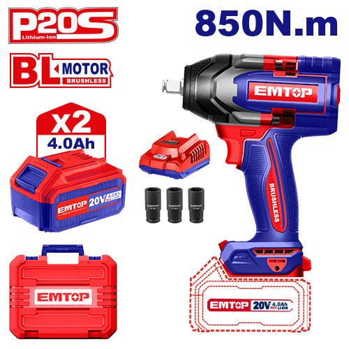 [ECIWL2085] EMTOP CLÉ À CHOCS 1/2" SANS FIL 850NM + 2 BATTERIES 4.0AH [ ECIWL2085 ]