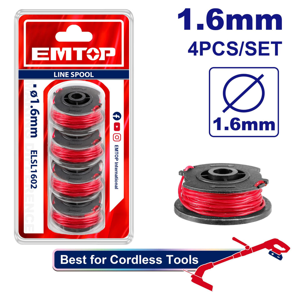 [ELSL1602] EMTOP JEU DE 4 BOBINES DE FIL COUPE BORDURE Ø1,6MM - LONG 5M [ ELSL1602 ]