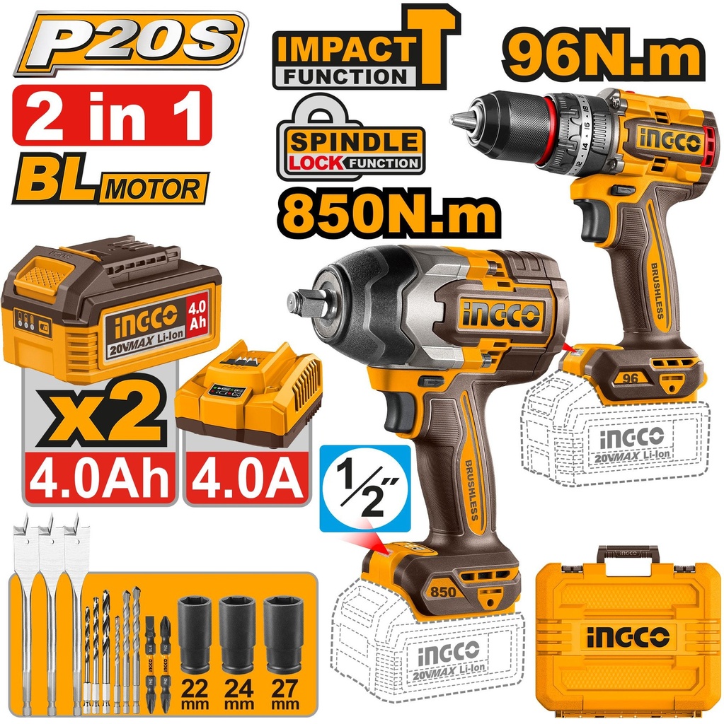 [COSLI250586] INGCO PACK VISSEUSE 96N.m +BOULONNEUSE 850N.m 20V 4.0Ah /2BAT AU MAROC [COSLI250586]