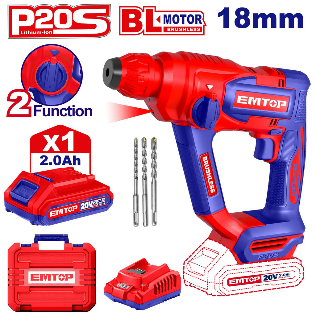 [ELRH201881] EMTOP MARTEAU PERFORATEUR 18MM SANS FIL 20V + BATTERIE 2.0AH [ ELRH201881 ]