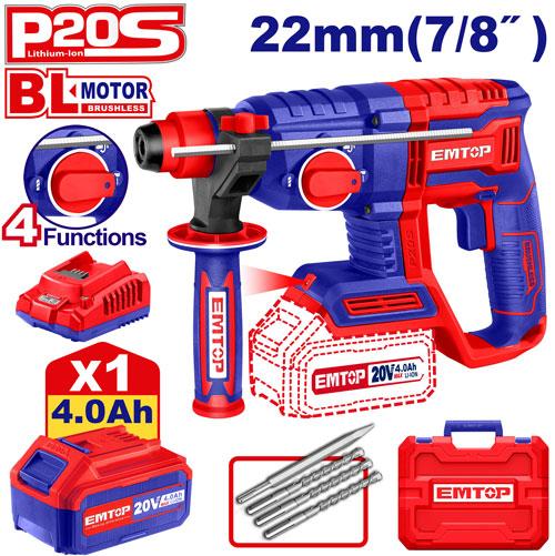 [ELRH202081] EMTOP MARTEAU PERFORATEUR 22MM SANS FIL 20V + 1 BATTERIE 4.0AH [ ELRH202081 ]
