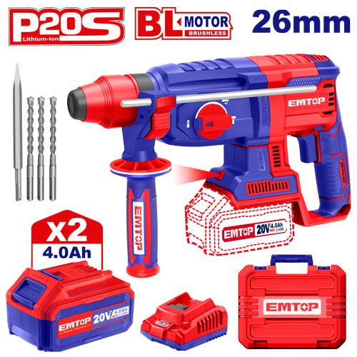 [ELRH202287] EMTOP MARTEAU PERFORATEUR 26MM SANS FIL 20V + 2 BATTERIES 4.0AH [ ELRH202287 ]