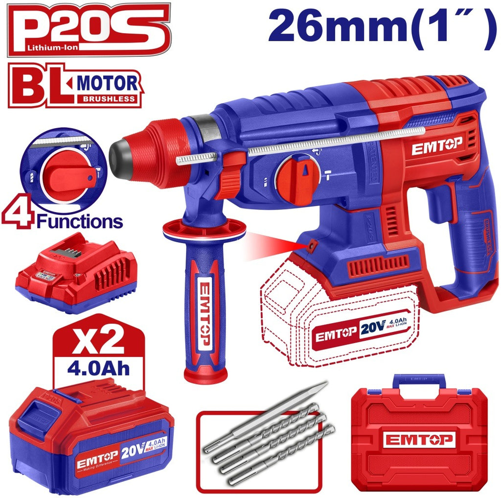 [ELRH202682] EMTOP MARTEAU PERFORATEUR 26MM SANS FIL 20V + 2 BATTERIES 4.0AH [ ELRH202682 ]